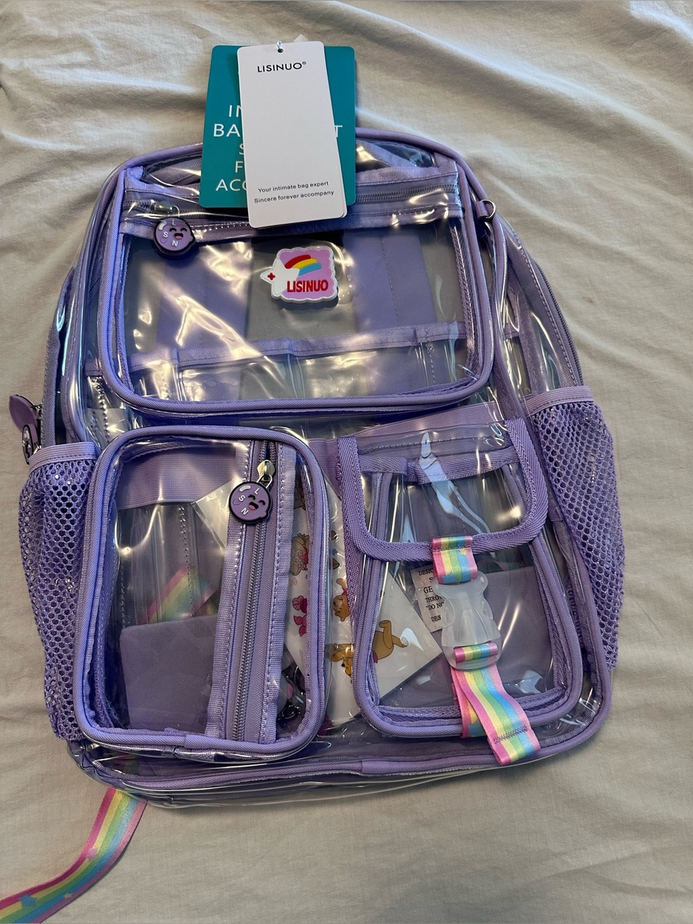 Kids Clear Purple Backpack with Rainbow Strap